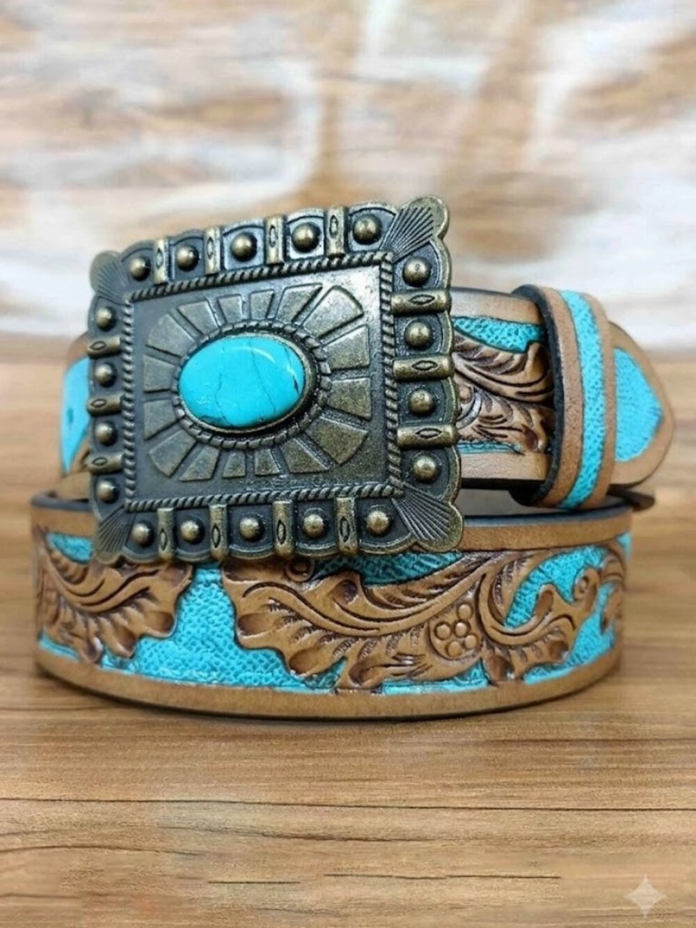 Turquoise Tooled Leather Western Belt: Floral Scrollwork, Antique Brass Buckle